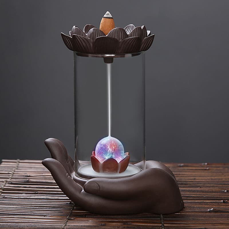 Brûle-Encens à Reflux Main et Lotus sous Cloche en Verre (boule LED)