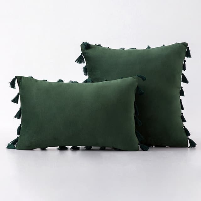 Housse de Coussin en Velours à Pompons (vert foncé, 45 x 45 cm)