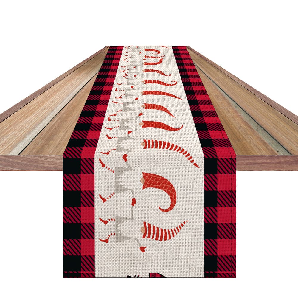 Chemin de Table de Noël à Carreaux Rouges et Motif Lutins (33 x 180 cm)