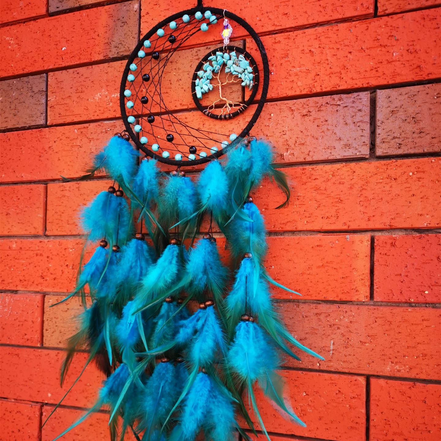 Attrape-Rêves Arbre de Vie & Lune (plumes turquoise)