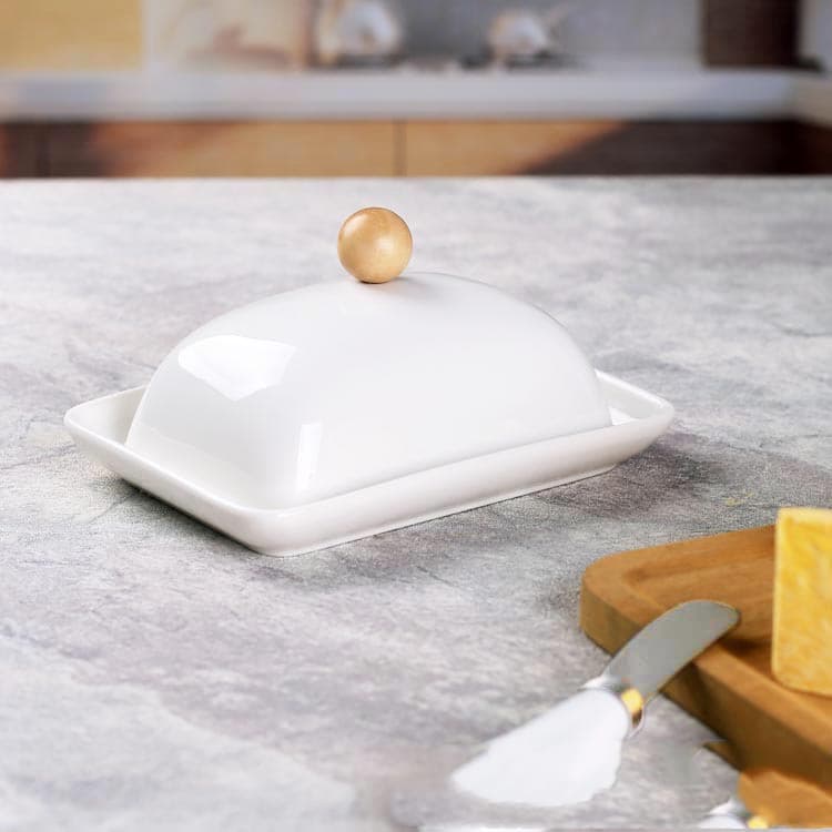 Beurrier en Céramique Blanc avec Couvercle et Couteau à Beurre
