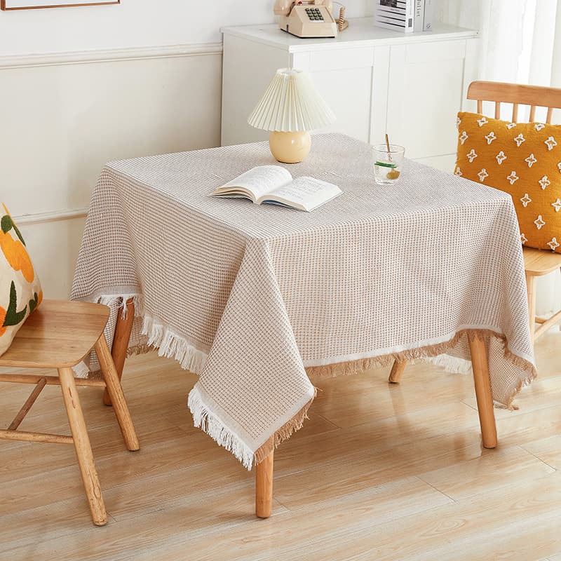 Nappe en Coton et Lin Gaufré à Franges, Kaki (130 x 180 cm)