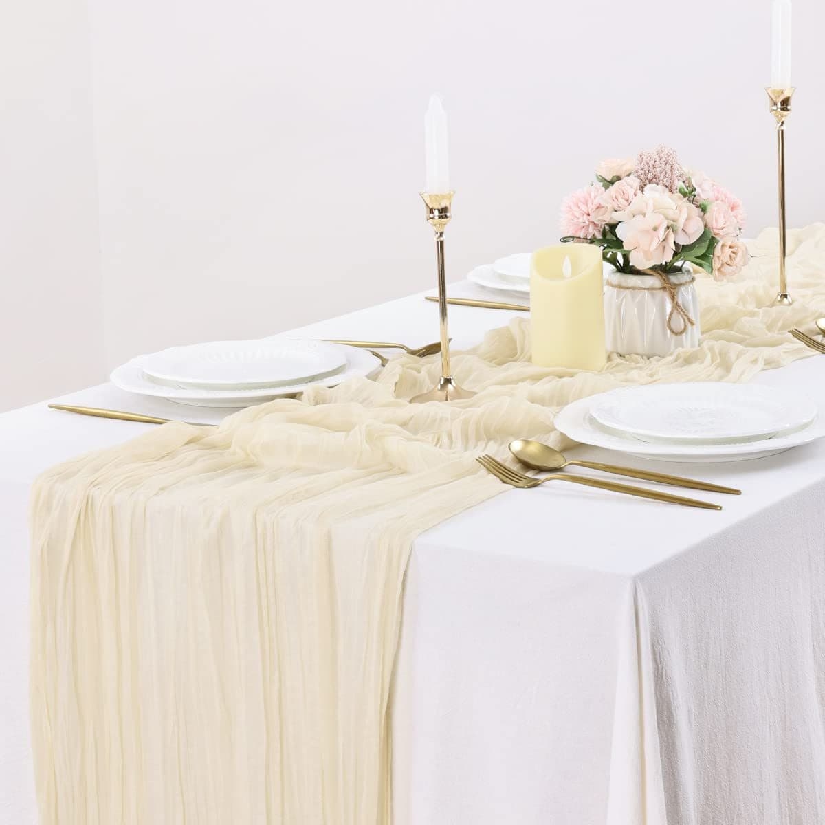 Chemin de Table en Gaze Froissée Beige (90 x 300 cm)