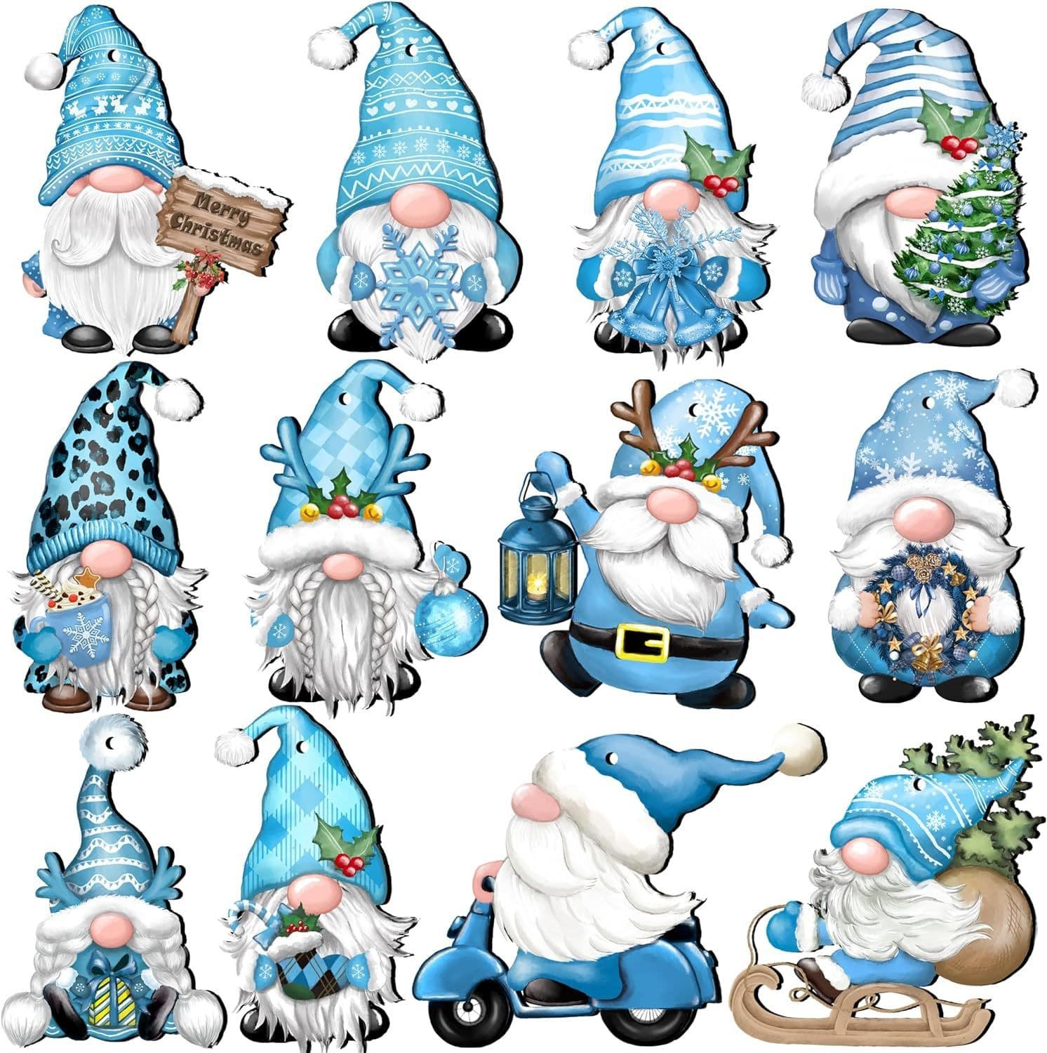 Lot de 24 Décorations en Bois à Suspendre, Gnomes de Noël (bleu)