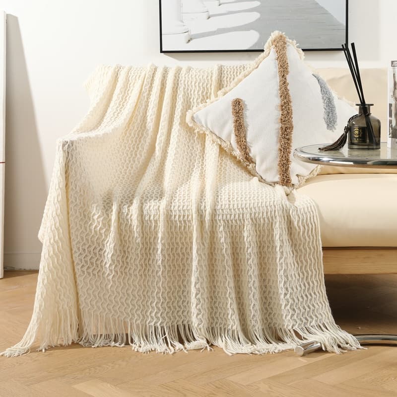 Plaid Tricoté à Franges Beige (127 x 180 cm)